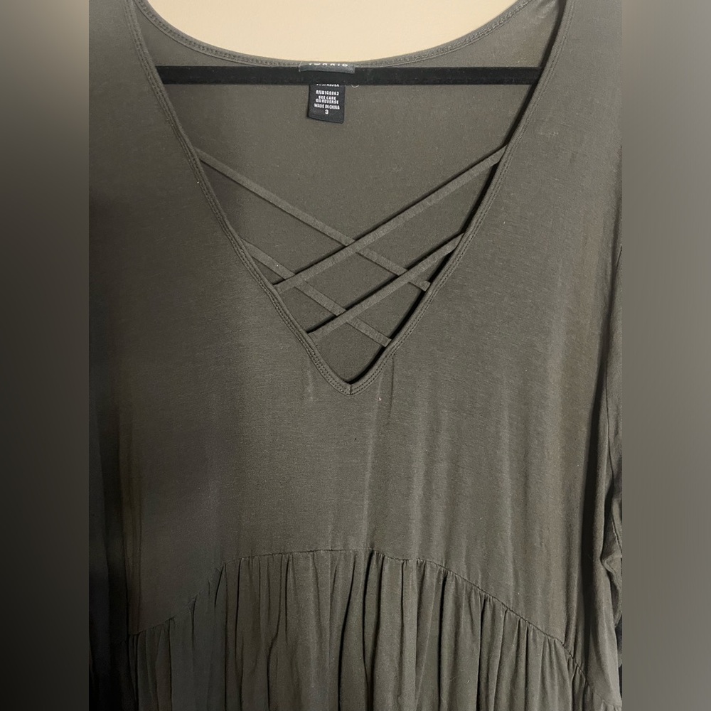Torrid Olive Green Long Sleeve Criss Cross Strap Baby-doll Tunic Top Size 3 - Picture 5 of 9